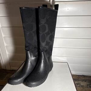 Coach Paige Logo Knee High Rain Boot, Black, Rubber, Round Toe, Size 8M